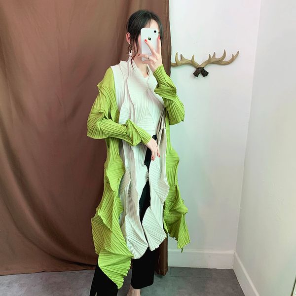 

miyake diamond pleated trench japan style full sleeve long open stitch coat asymmetric length patchwork women jackets new autumn, Tan;black