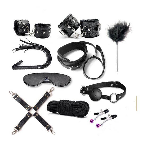 

10 pcs/set handcuffs police cosplay tools toys for set handcuffs nipple clamps gag whip rope toys for couples