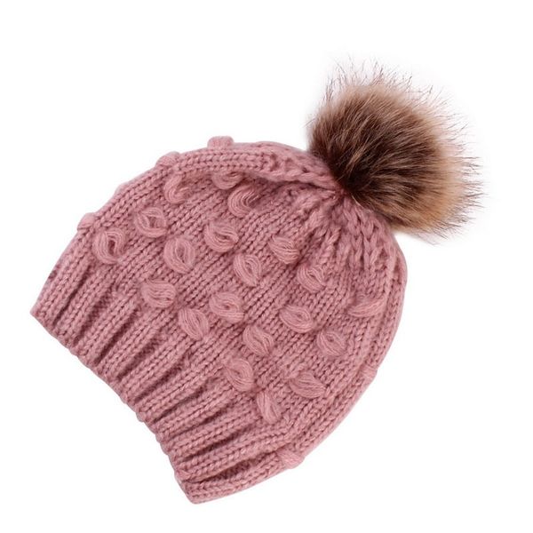 

5 colors parent-child caps with pompon warm raccoon fur bobble beanie kids cotton knitted mom baby hat winter caps xmas gift, Blue;gray