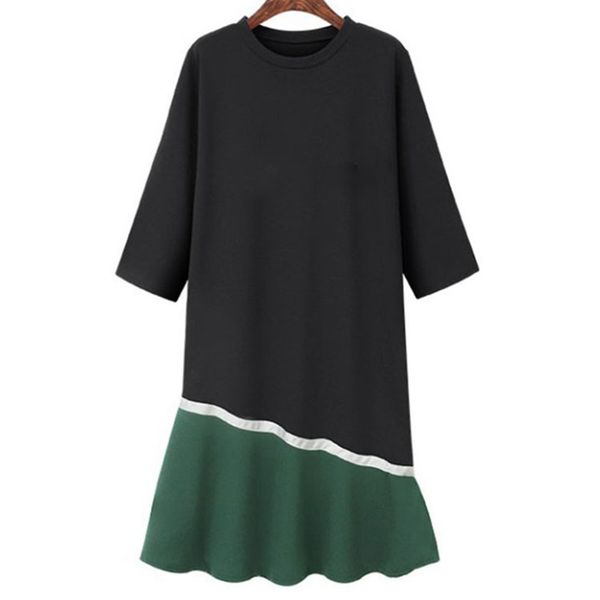 

autumn large size women's dress 3xl 4xl 5xl 6xl 7xl bust 132cm fashion seven-point sleeve round neck ruffled stitching dress, Black;gray