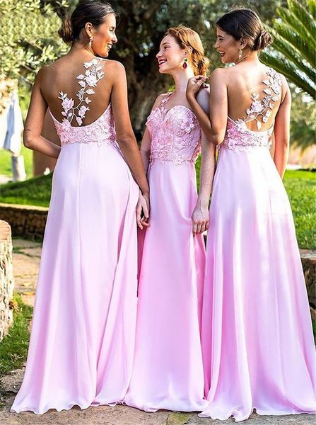

one-shoulder pink long bridesmaid dresses lace appliques 3d flowers a-line chiffon maid of honor dress wedding guest gowns cheap, White;pink