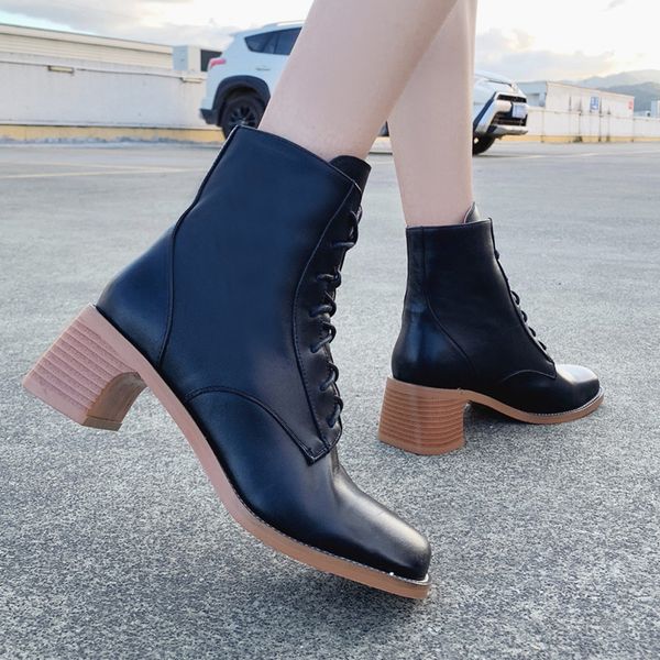 

2019 women's ankle boots new fashion square toe women boots block heel side lace up women shoes botki damskie wyprzeda, Black