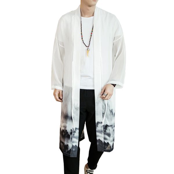 

white mens long jackets 2019 summer men chiffon gown loose comfortable sunscreen coat s  l xl xxl xxxl xxxxl xxxxxl, Tan;black