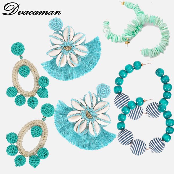 

dvacaman 2019 bohemian blue flower beads drop earrings for women trendy tassel shell statement earrings pendant wedding jewelry, Silver