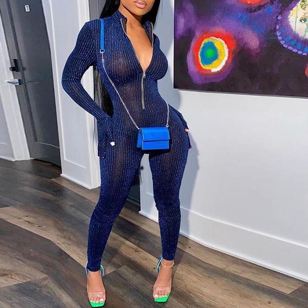 

see through shiny jumpsuits for women 2020 transparent zipper front long sleeve bodycon rompers one piece outfits club wear, Black;white