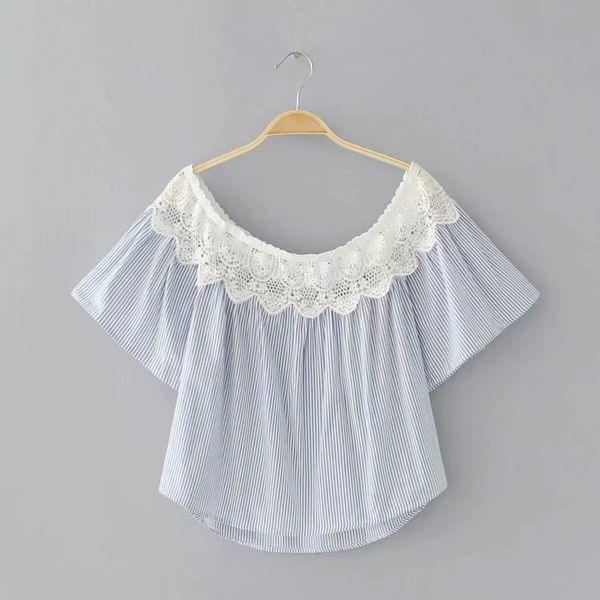 

women sweet lace crochet patchwork stripe shirt off shoulder casual smock blouses women short sleeve blusas chemise ls3755, White