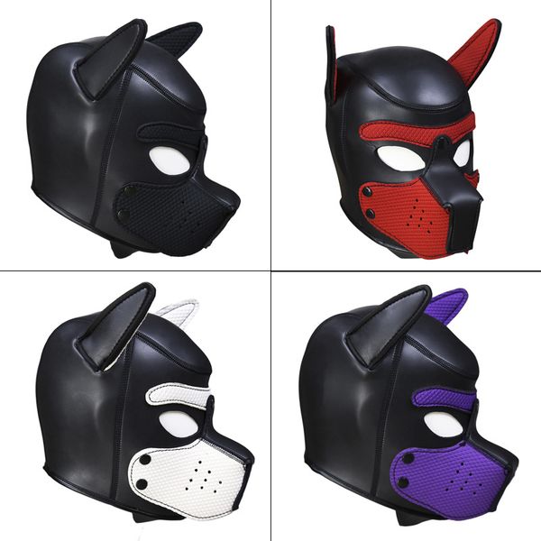 

quality soft padded latex rubber puppy play dog cosplay full head mask with ears fetish muzzle hood pet role play gimp costume sexy, Black