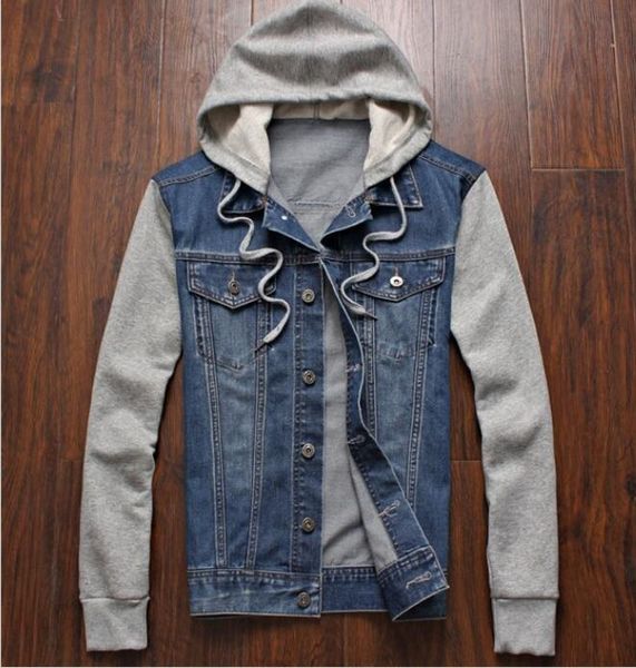 

fashion spring new men's stitching denim jacket detachable hooded jacket coat jean outerwear, Black;brown