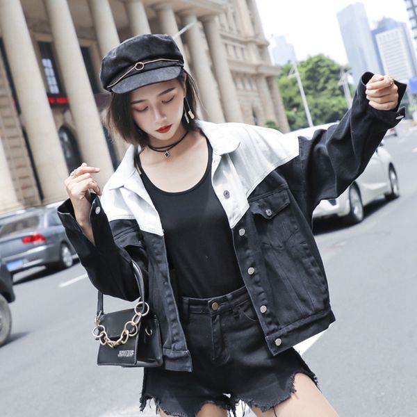 

sexemara fashion the new loose washed contrast color splice shoulder strap wear both denim jacket ing, Black;brown