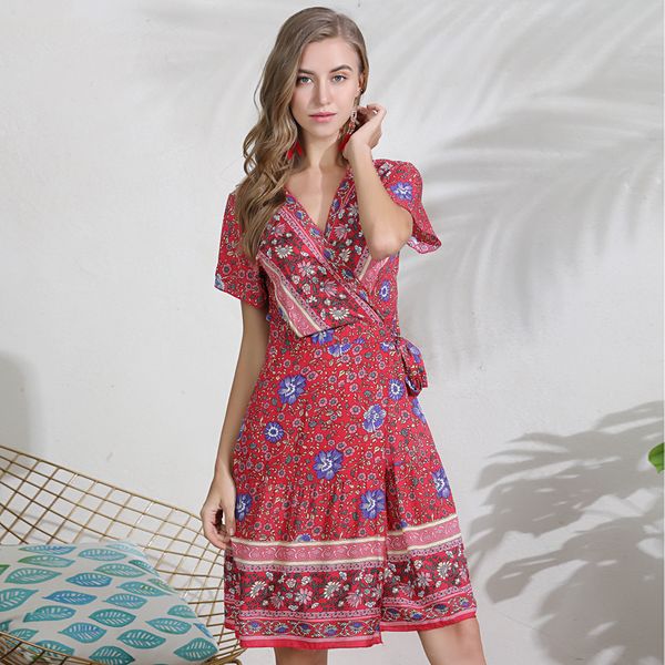 

gkfnmt womens bohemian dress floral print summer beach knee length dress sundress short sleeve v neck lace up, Black;gray