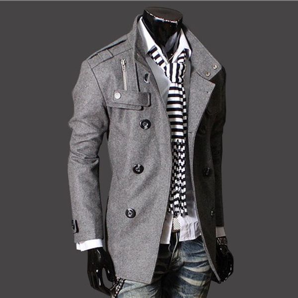

style of men's new double-breasted stand-up collar epaulettes favors the epaulettes long windbreaker double breasted, Tan;black