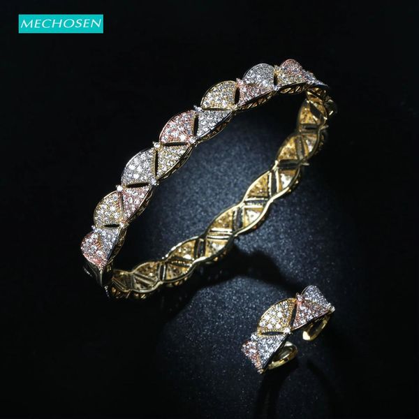 

mechosen luxury geometric jewelry sets tricolor shiny zircon copper bangle ring set women's banquet engagement gift new arrivals, Black