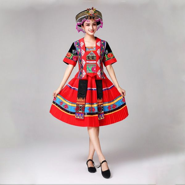

new arrival chinese folk dance costumes chinese miao national traditional performance dress stage costumes for singers ethnic clothing, Black;red