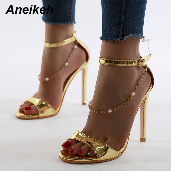

aneikeh 2020 golden patent leather women shoes peep toe high heels sandals summer party dress shoes beads ankle buckle sandals, Black
