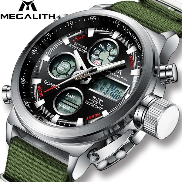 

megalith men's led digital watches waterproof quartz watches for men analog army green leather nylon wristwatch, Slivery;brown