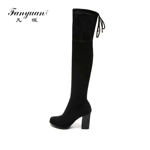 

fanyuan ladies winter faux suede boots square heel boots women round toe over the knee scrub women motorcycle, Black