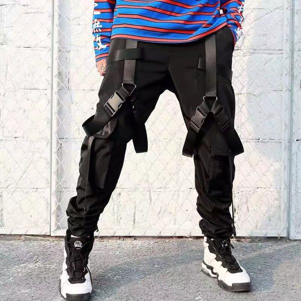 

joggers cargo harem pants men japanese streetwear harajuku multi buckle ribbons pockets pants men autumn hip hop sweatpants, Black