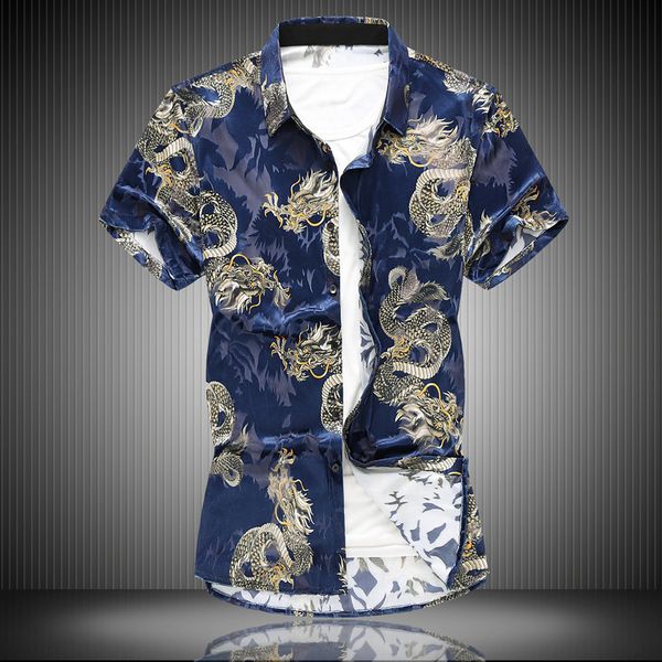 

high-grade flannel hollow chinese dragon men tide fashion printed slim shirts hawaiian vacation party casual shirt homme 6xl, White;black