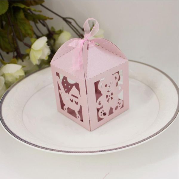 

2019 wholesale laser candy box 50pc6* 6 * 6cm hollow carving baby birthday gift box bear bib baby carriage pattern