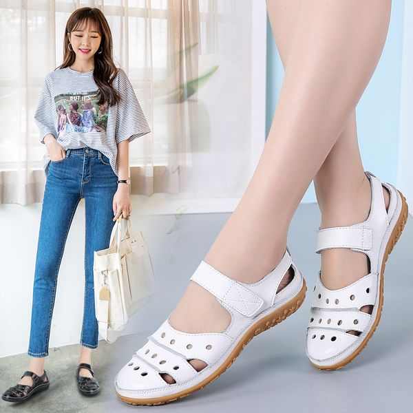 

women's leather sandals flats comfortable casual summer walking driving shoes fashion wild loafers outdoor sandals, Black