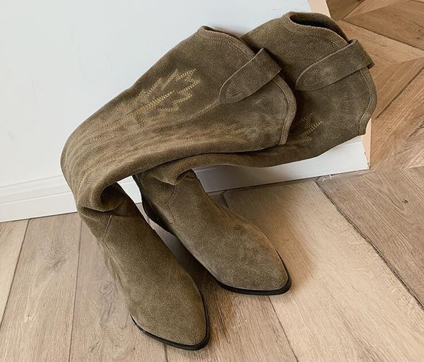 

perfect paris france isabel shoes denzy suede cowboy boots marant style knee-high western-inspired stitching calf leather boots, Black