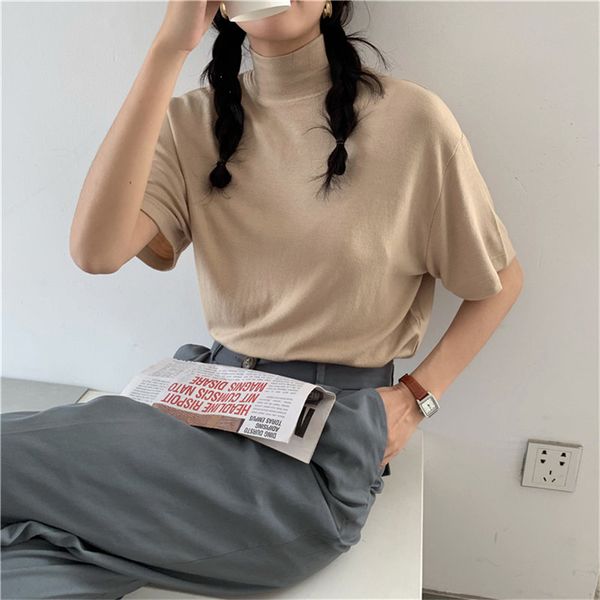 

hzirip 2020 лето сплошной потерять половину водолазку новую oversize короткий рукав t рубашка женщины свободного покроя базовые топы футболк, White