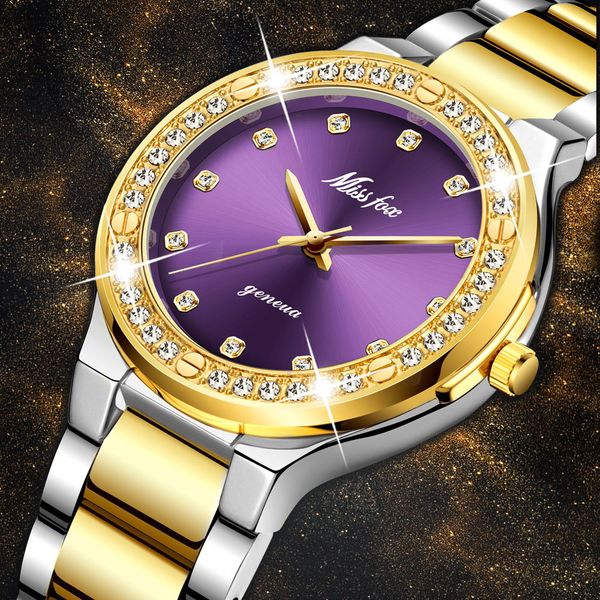 

missfox women watches brand luxury watch women diamond fashion purple geneva 18k gold ladies watch female quartz clock hours, Slivery;brown