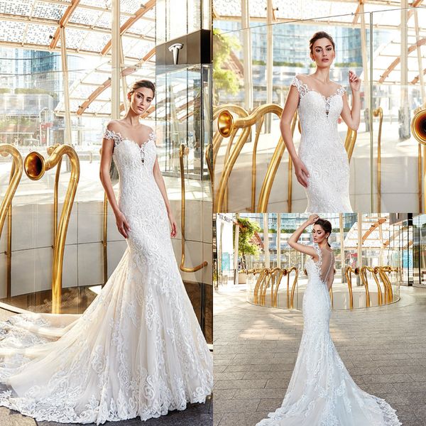 

eddy k latest mermaid wedding dresses lace applique sheer neck sweep train bridal gowns covered button custom made wedding dress, White