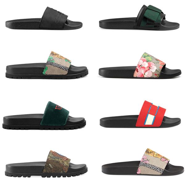 

mens Designer Rubber slides sandals Floral brocade men slipper Gear bottoms Flip Flops women striped Beach causal slipper with Box US5-11
