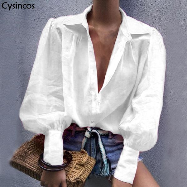 

cysincos blouses shirts women 2019 autumn v-neck office ladies blouse women lantern long sleeve loose solid button shirts, White