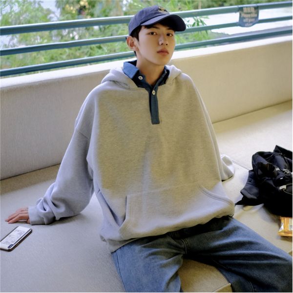 

осень новые толстовки моды для мужчин джинсовые шить поддельные два пуловер с капюшоном человек уличная хип-хоп свободная толстовка мужской, Black