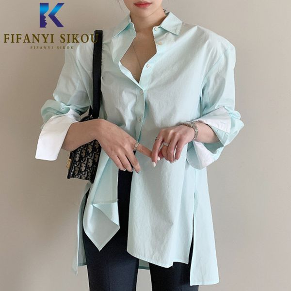 

korean women mint green shirt casual lapel long sleeve shirt loose womens and blouses lrregular fashion shirts 2020 new, White
