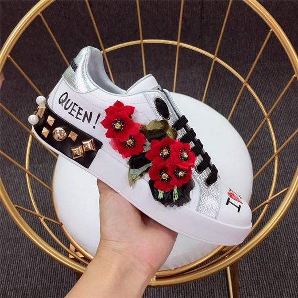 

new embroidery butterfly graffiti white shoes women inside and outside full leather lace wild thick bottom casual shoes couple shoes, Black