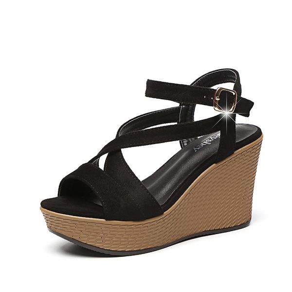 

2019 summer new fairy high heel fish mouth thick bottom wild cross with wedge sandals cs08, Black