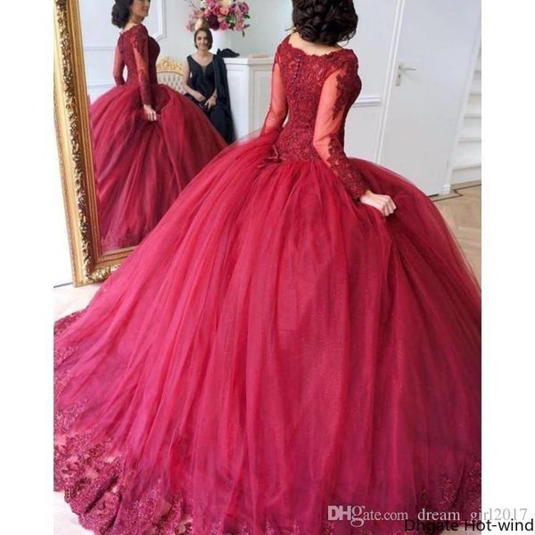 

темно-красный 2020 бальное платье quinceanera платья с длинными рукавами кружева аппликация многоуровневое тюль сладкие 16 платья пром плать, Blue;red