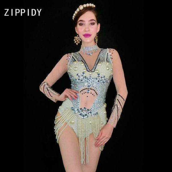 

silver rhinestones pearls transparent long sleeves bodysuit women's bar birthday celebrate outfit dance mesh outfit, Black;red