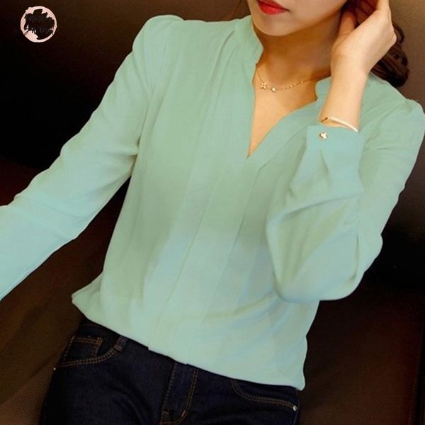 

осень весна блуза твердые рубашки белого офиса женщин v шеи длинным рукавом шифон женщины дамы рабочая одежда 3 6q0564, White