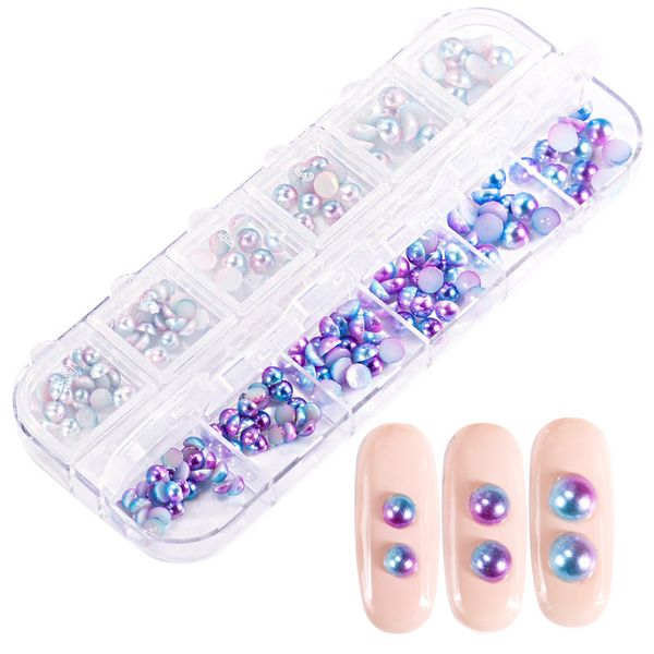 

1 box japanese flat back half round imitation pearls 3d nail art decoration gradient mermaid pink blue nail jewelry accessory, Silver;gold