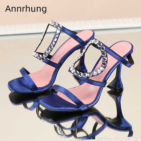 

asymmetrical fretwork slim runway shoes woman high goblet heel sqaure open toe satin rhinestone women slippers, Black