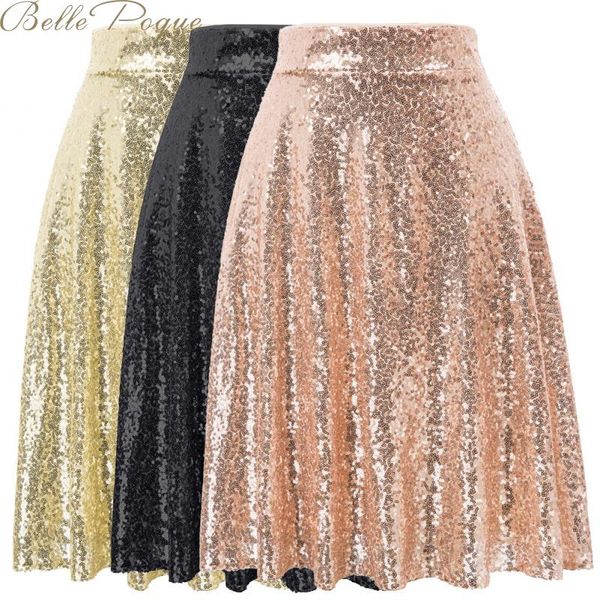 

belle poque women sequined solid midi skirt pleated a line female basic high waist casual fashion skirts mujer 2019, Black