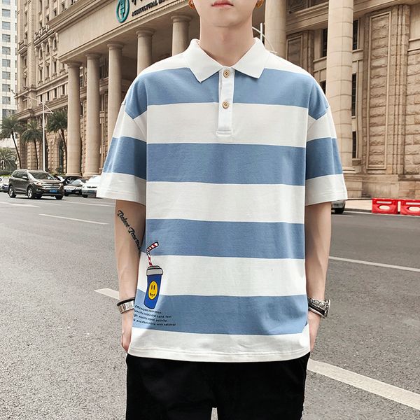 

lapel short-sleeved t-shirt men's 2020 summer all-match striped shirt men's elbow-sleeved shirt men, White;black