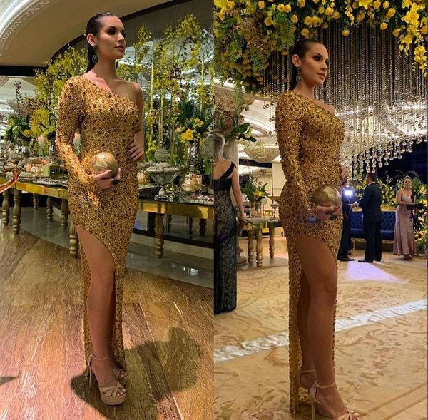 

luxury gold beaded mermaid evening dress one shoulder long sleeve evening gowns crystal high split party dresses rhinestones robe de soiree, Black;red
