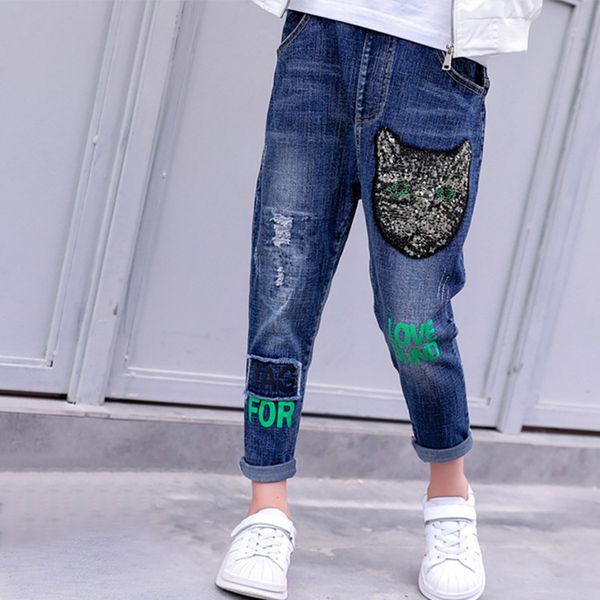 

ripped jeans for girls elastic waist distressed jean pants kids skinny sequins jeans children clothing embroidery patch, Blue