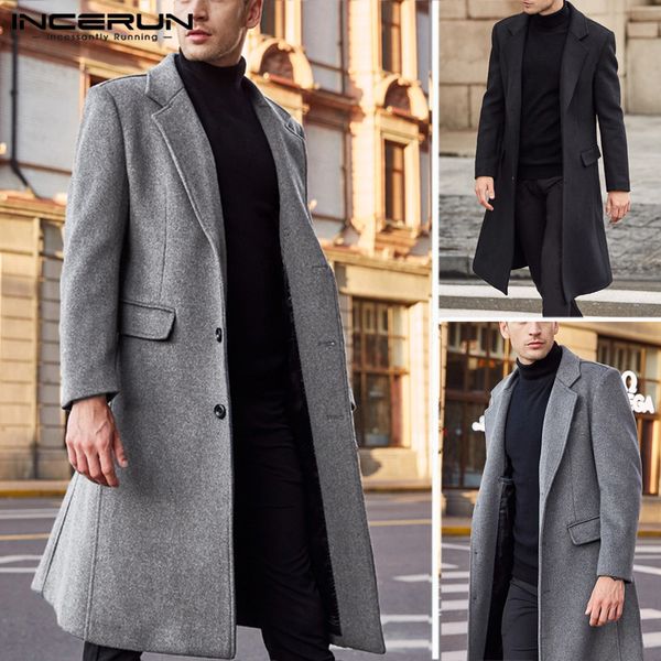 

incerun 2019 winter new woolen coat men's long windbreaker over knees coat lapel neck fashion men's warm 5xl, Black