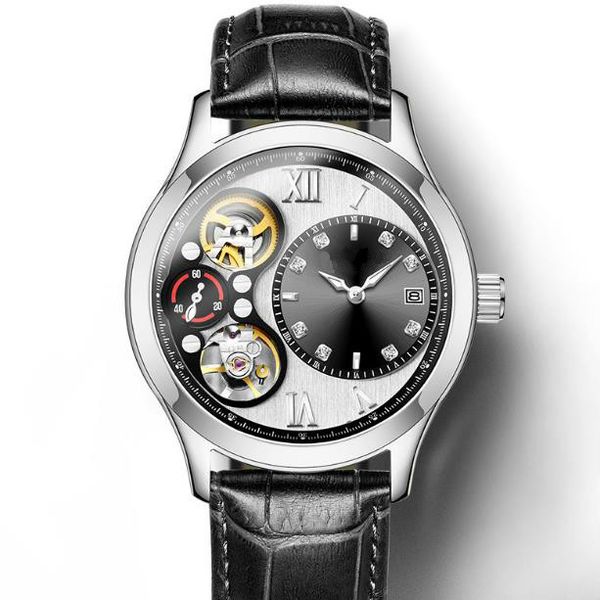 

switzerland automatic mechanical watch business belt luminous brand watch hollow-out waterproof men's watch leather watchband pin, Slivery;brown