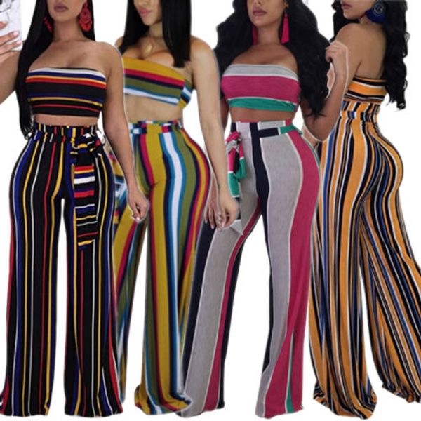 

fashion new womens stripes 2 piece strapless wide leg pants set bandeau striped clubwear, Gray