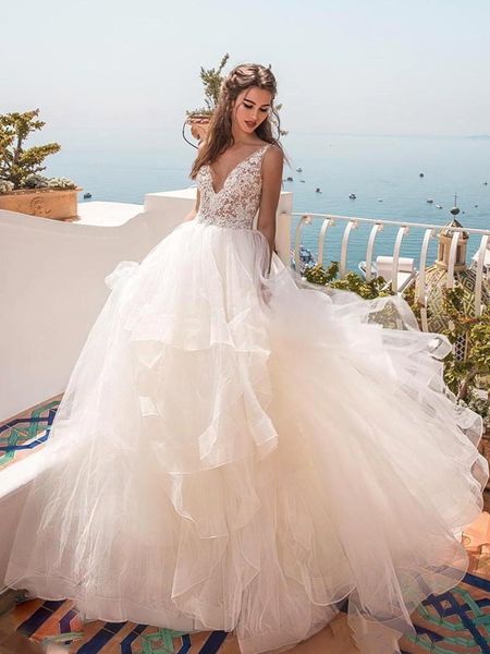 

бальное платье ruffles многоуровневое тюль свадебные платья иллюзия lace лиф low back v шеи принцесса великолепная свадебные платья 2020 нов, White