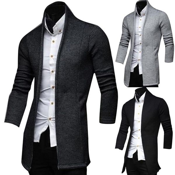

casual chic men solid color long sleeve knitted turn-down collar sweater cardigan coat outwear good figure and keep you warm, Black;brown