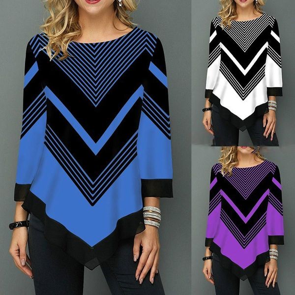 

plus size 5xl striped print women's shirt tunic 3/4 sleeve irregular blouse female 2020 spring summer fashion shirts ladies, White