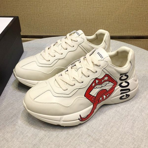 

lightweight men's rhyton sneaker with mouth print luxury mens shoes fashion classic shoes sports low lace-up men shoes fast delivery, Black